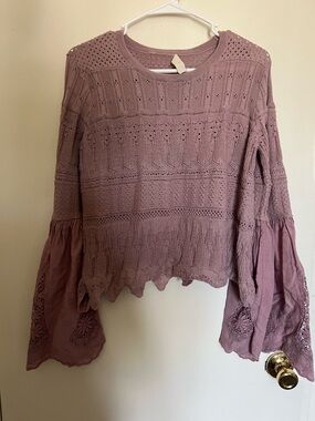Altar'd State Dusty Mauve Crochet Bell Sleeve Top